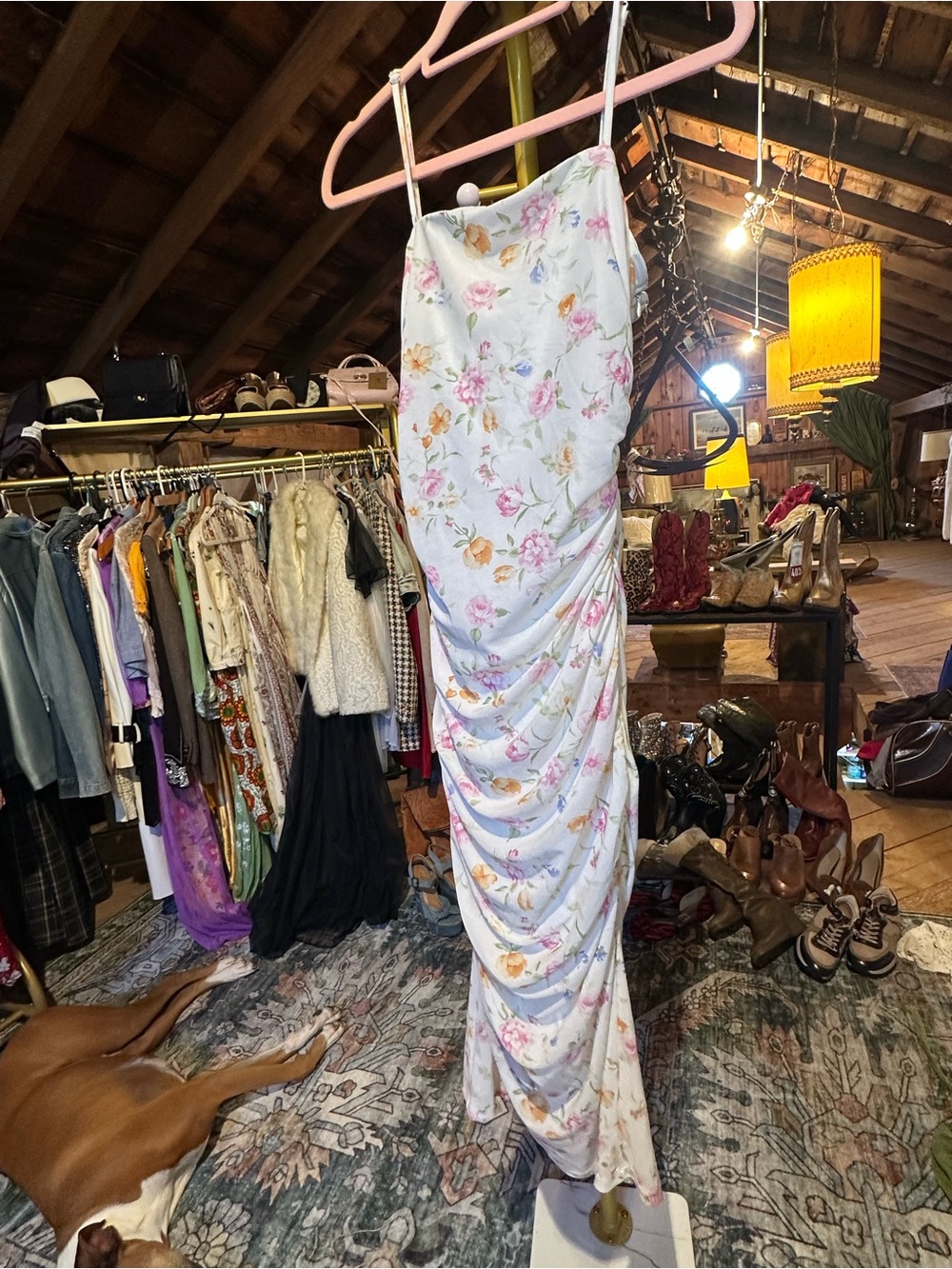 Altar'd State White Floral Ruched Maxi Dress with Pink and Peach Accents